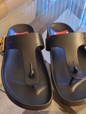 Tory Burch Black Toe-Post Slide Sandals with Gold Buckle